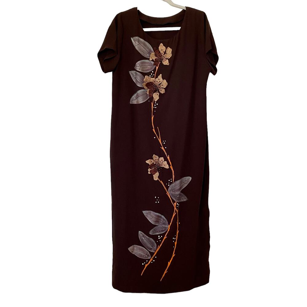 Women's Short Sleeve Custom One-of-a-Kind Hand Beaded Maxi Dress Brown 12-14